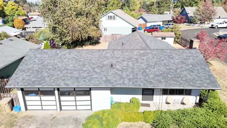 Finished Malarkey Vista roof in Midnight Black on a ranch home in Aldercrest, Milwaukie, OR