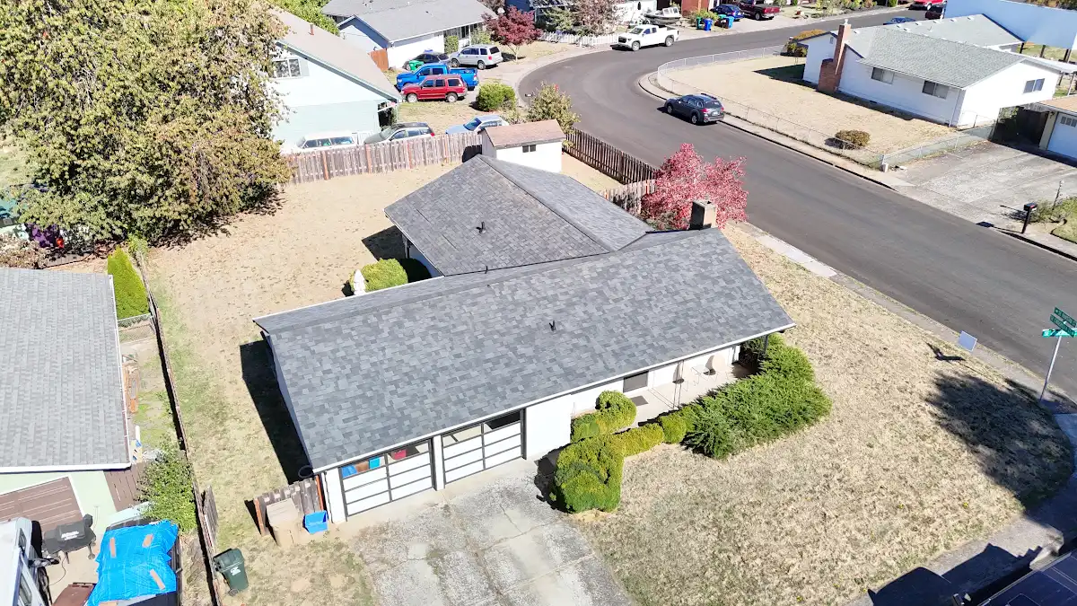Aerial view of the completed roof replacement in Aldercrest, Milwaukie, OR