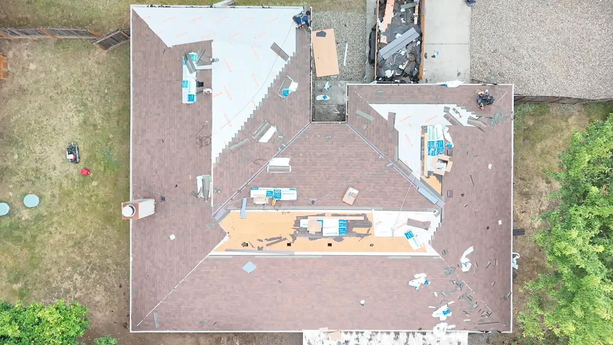 Replaced plywood sheets and new underlayment during a roof replacement in Green Arbor Village, La Center, WA