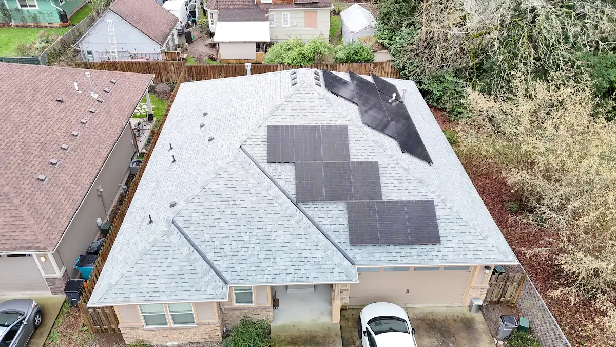 Aerial view of a 9.2 kW bifacial solar system on a new Malarkey Vista Silverwood roof in Hazel Dell, Vancouver, WA