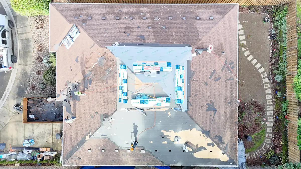 Overhead view of a leaking 9-year-old roof on a home in Hazel Dell, Vancouver, WA