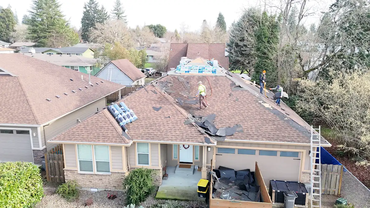 Aerial view of the original builder-installed roof on a home in Hazel Dell, Vancouver, WA
