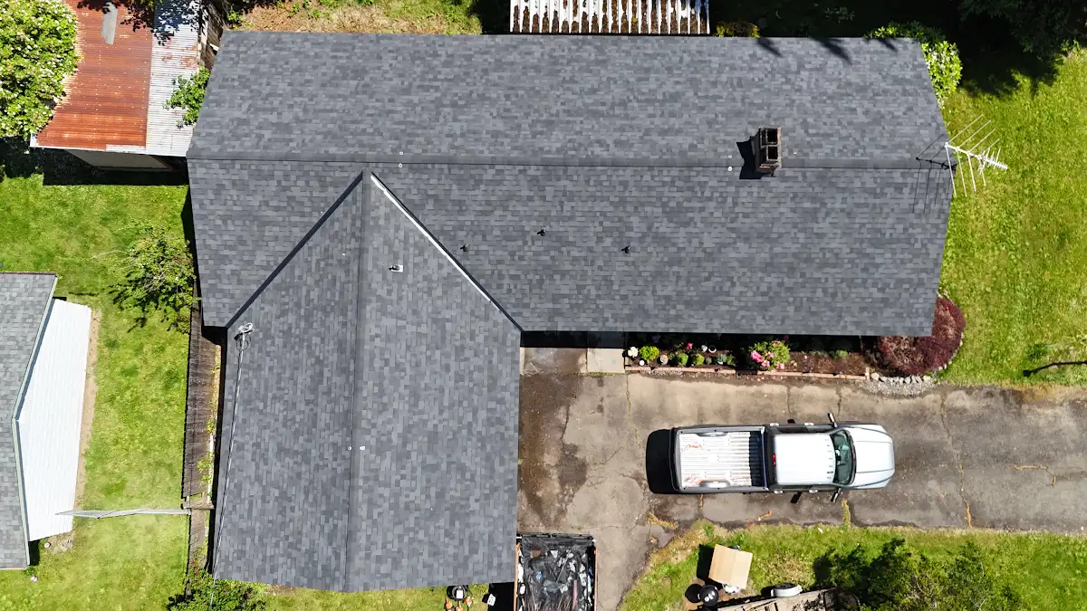 Overhead view of the new Malarkey Vista roof in Midnight Black in Hidden Terrace, Camas, WA