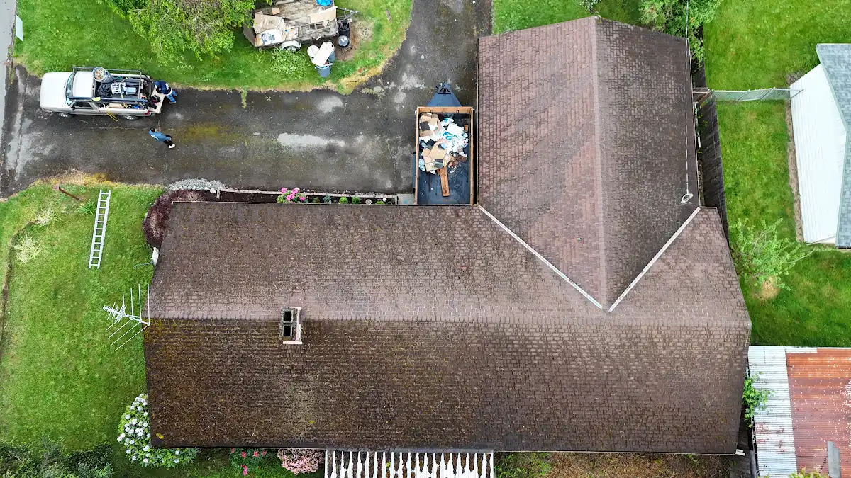Aerial view of an aging, leaking roof on a home in Hidden Terrace, Camas, WA