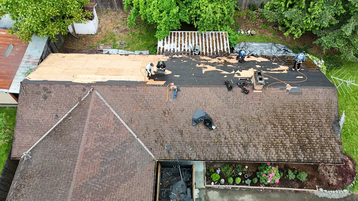 Crew replacing rotted roof decking on a home in Hidden Terrace, Camas, WA