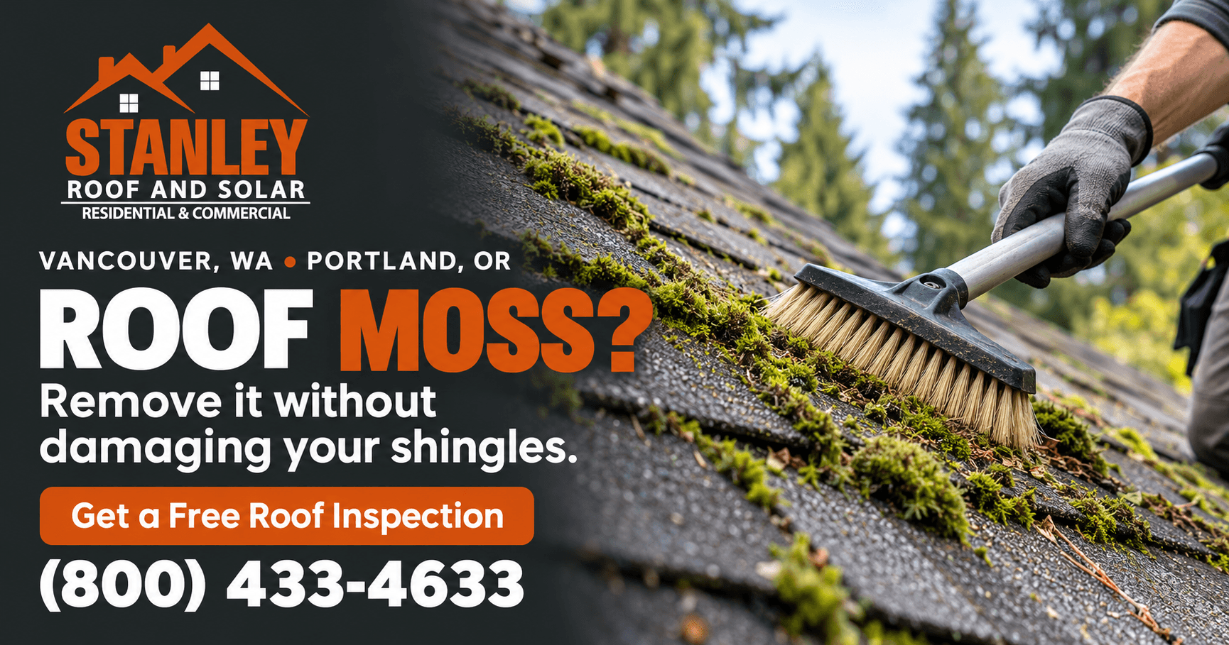 Moss growing on a shaded asphalt shingle roof in Vancouver, WA
