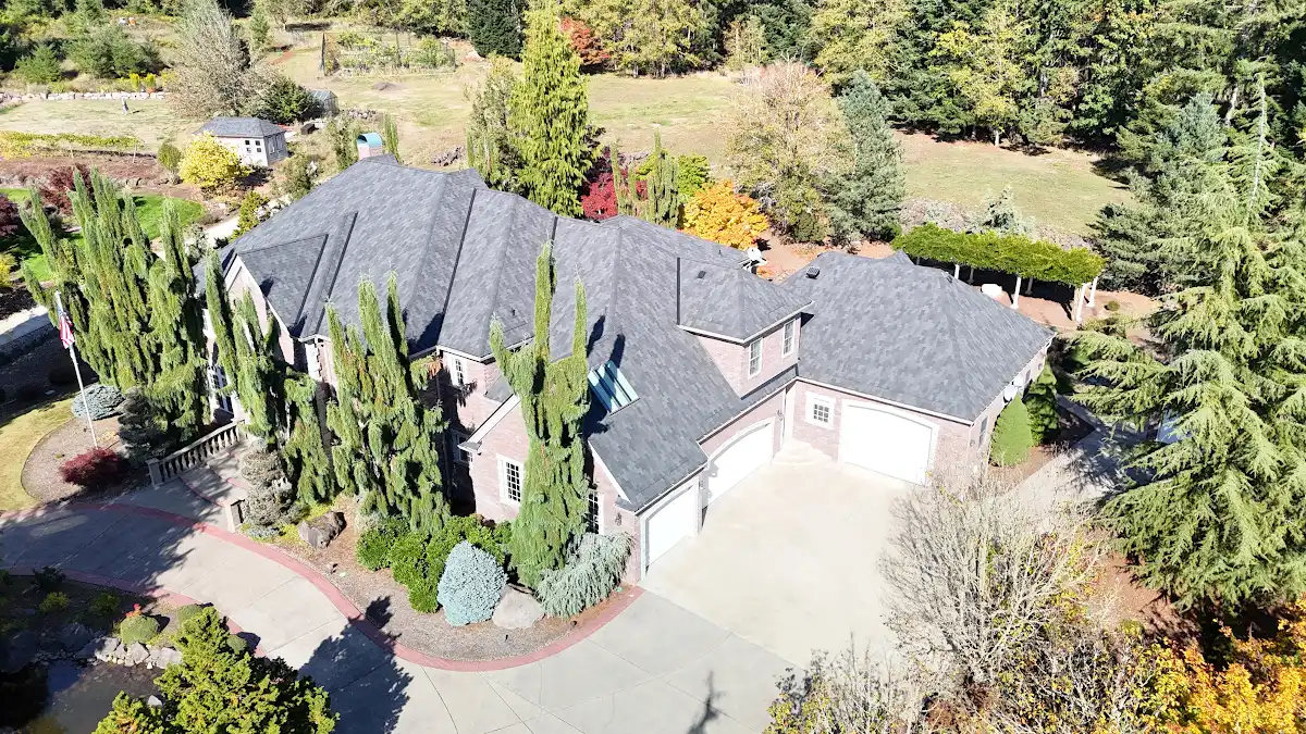 Finished Malarkey Windsor designer shingle roof in Midnight Black in Little Elkhorn, Brush Prairie, WA