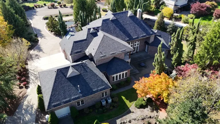 Aerial view of the new Malarkey Windsor roof on a home in Little Elkhorn, Brush Prairie, WA