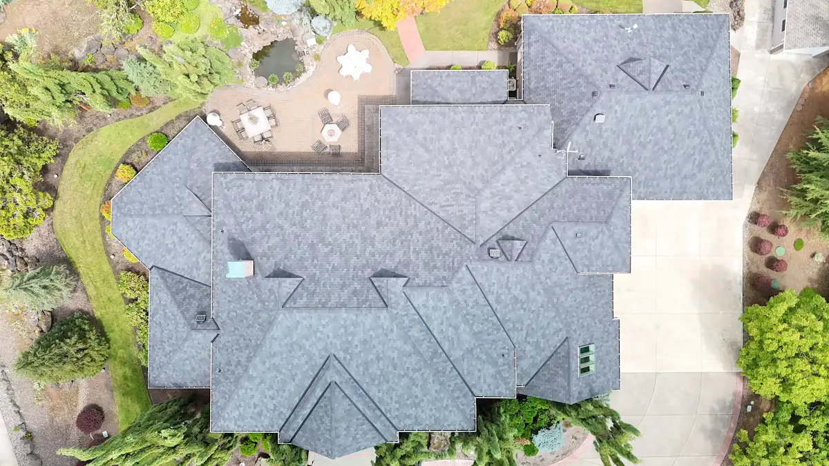 Overhead view of the completed Malarkey Windsor roof replacement in Little Elkhorn, Brush Prairie, WA