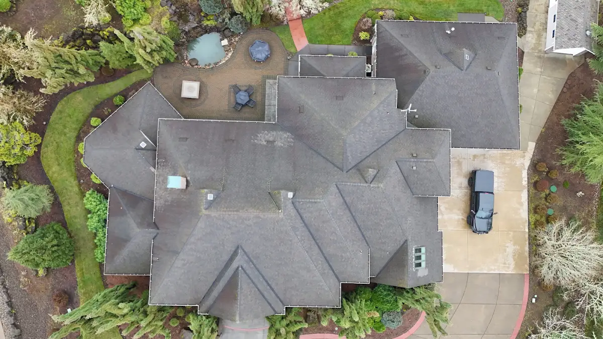 Overhead view of a failing CertainTeed designer roof on a large home in Little Elkhorn, Brush Prairie, WA