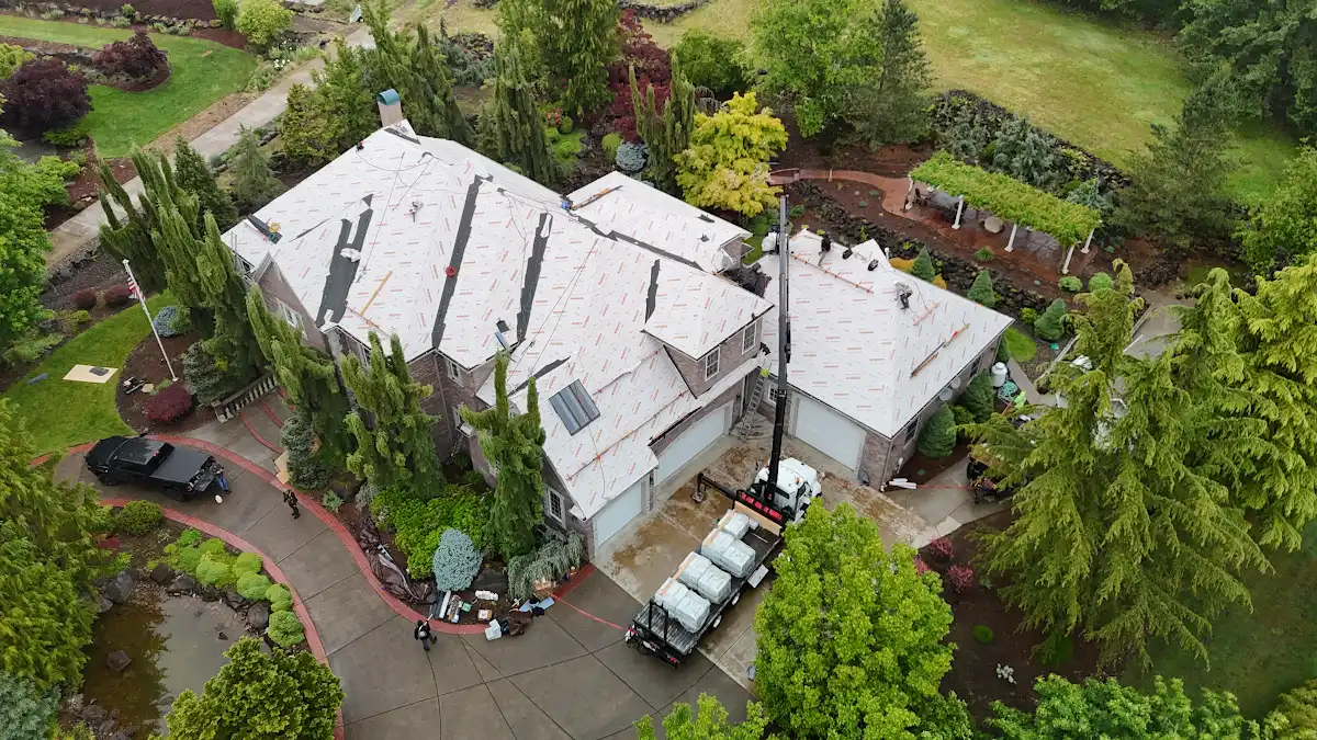 New Malarkey permeable underlayment installed across a large roof in Little Elkhorn, Brush Prairie, WA