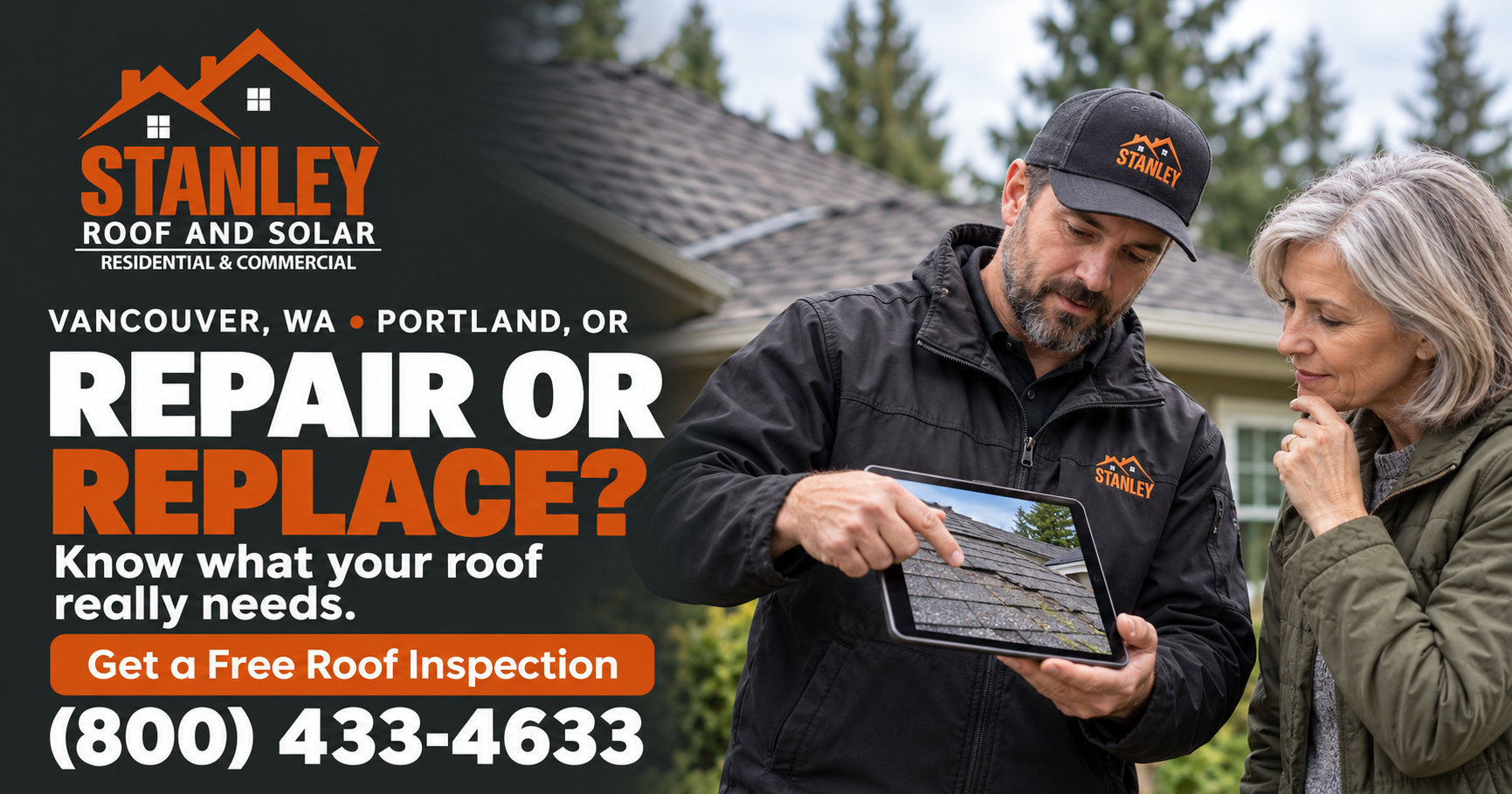 Roofer inspecting worn asphalt shingles to decide between repair and replacement