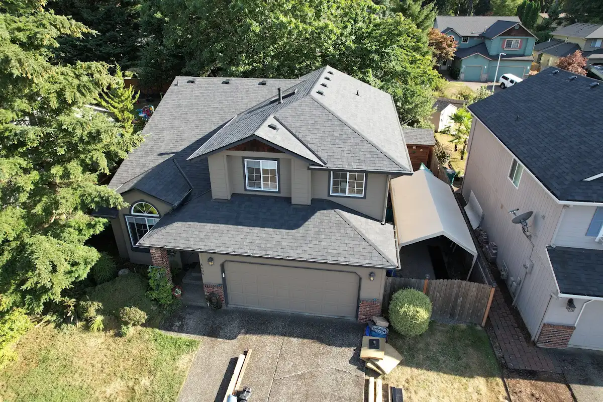 Front aerial view of the completed roof replacement in Salmon Creek, Vancouver, WA