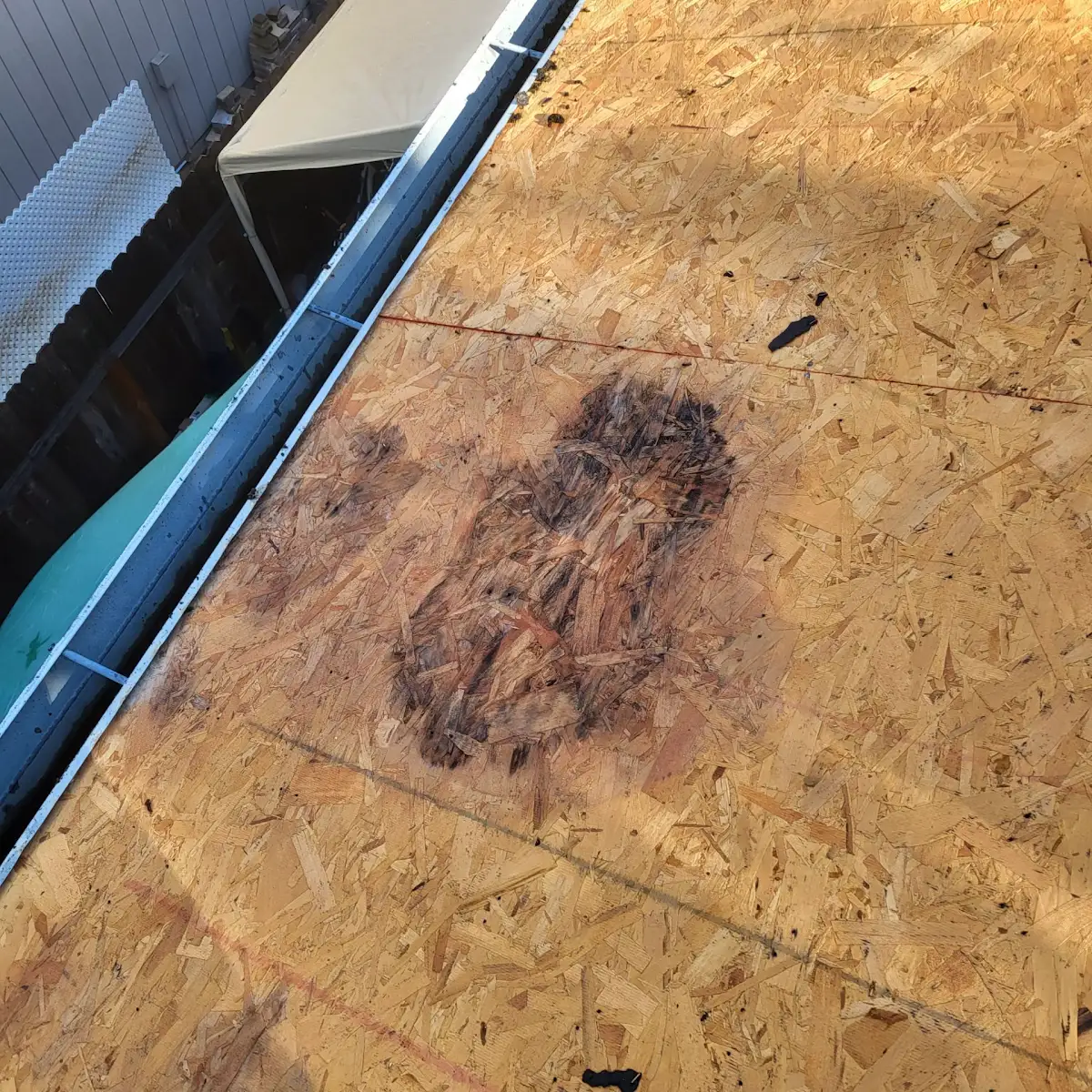 Water-stained roof decking near the eave found during a roof replacement in Salmon Creek, Vancouver, WA