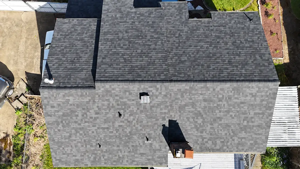 Overhead view of the completed Malarkey Vista roof in Midnight Black in Troutdale, OR