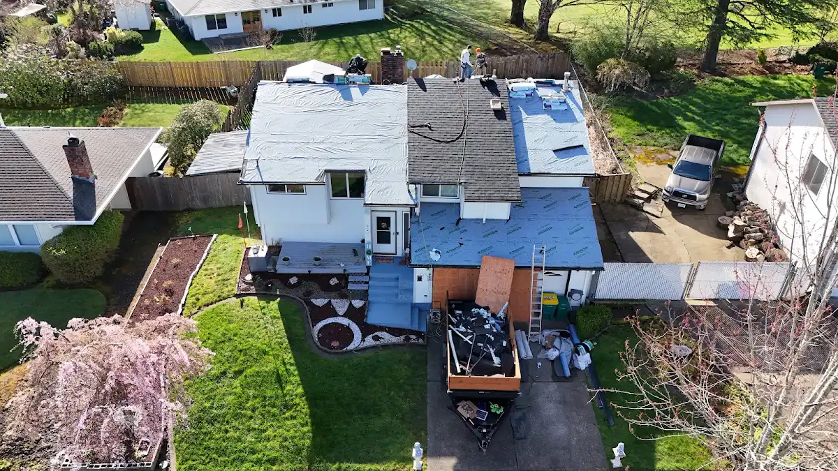 Tear-off and new underlayment underway on a home in Troutdale, OR